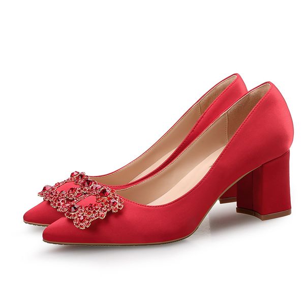 

new rhinestones buckle silk satin wedding shoes pregnant women pointed 6cm chunky heel single shoes 4 colors size 35-40, Black