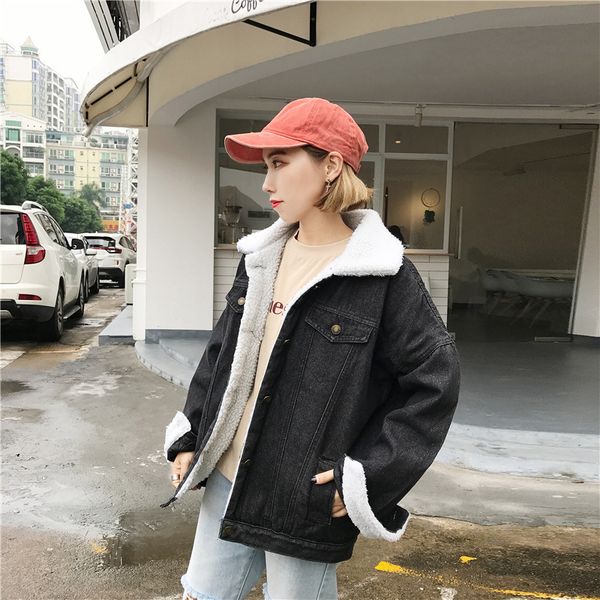 

black and white with pattern lambs wool jeans coat 2019 winter new style korean-style bf style bat sleeve brushed and thick girl, Blue;black