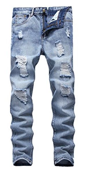 

men's ripped slim fit straight denim jeans vintage style broken holes, Blue
