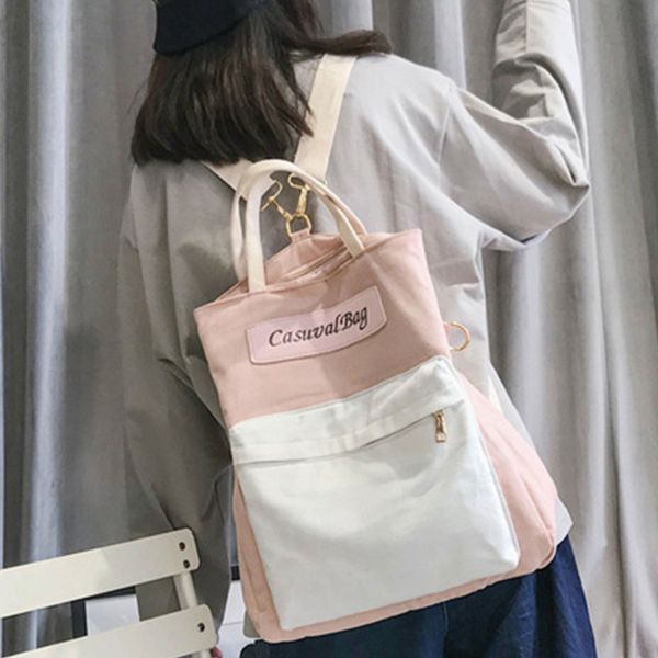 

chic canvas backpack women contrast color panelled schoolbag lady large capacity travel backpack teen girl cute bookbags purses