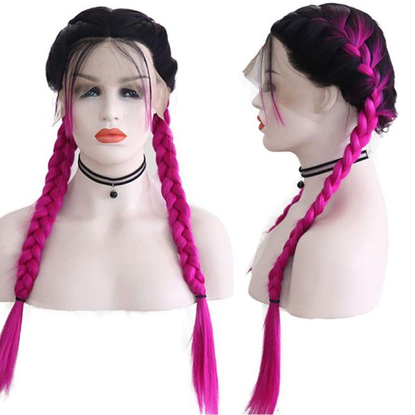 

rongduoyi red purple synthetic lace front wigs for women braided long wig with baby hair rose red 2 braids heat fiber hair, Black