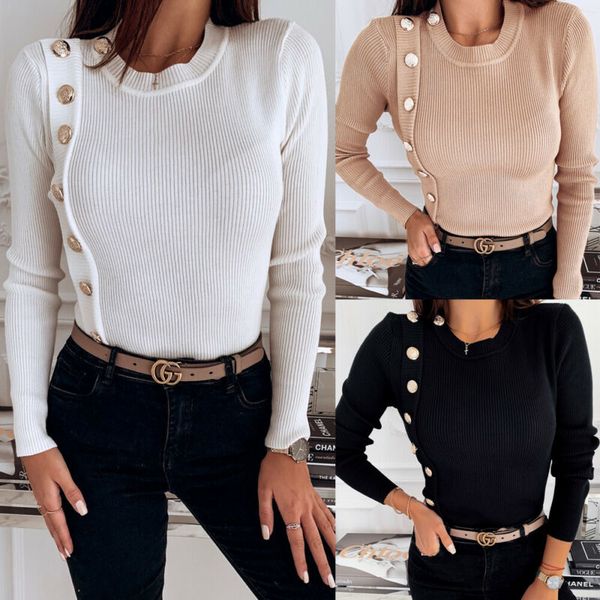 

high street fashion women casual knitted button jumper long sleeve o neck pullover slim top, White