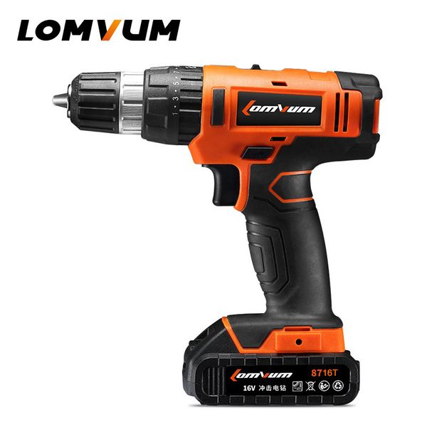 

lomvum 16v screwdriver 2 speed impact cordless drill multi-function with lithium battery hammer function for metalworking 8716t
