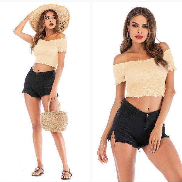 

women t shirts women designer solid color fungus t-shirt womens summer short slash neck brand clothes 2020 wholesale, White