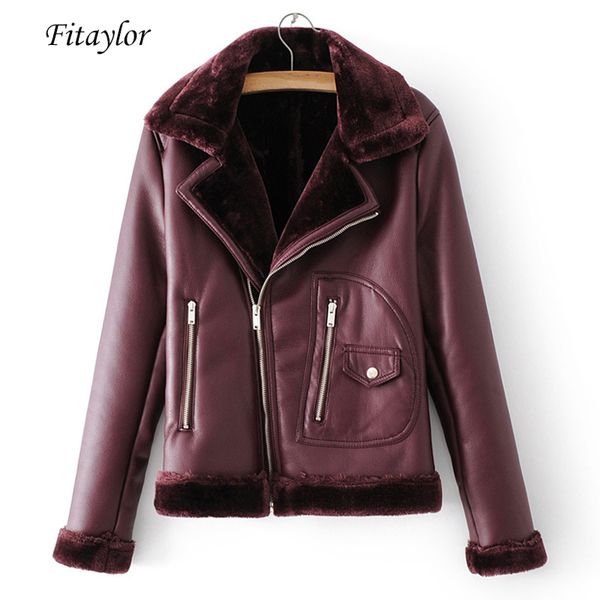 

women's leather & faux fitaylor winter lamb jacket women thick warm pu motorcycle zipper turndown collar outerwear, Black
