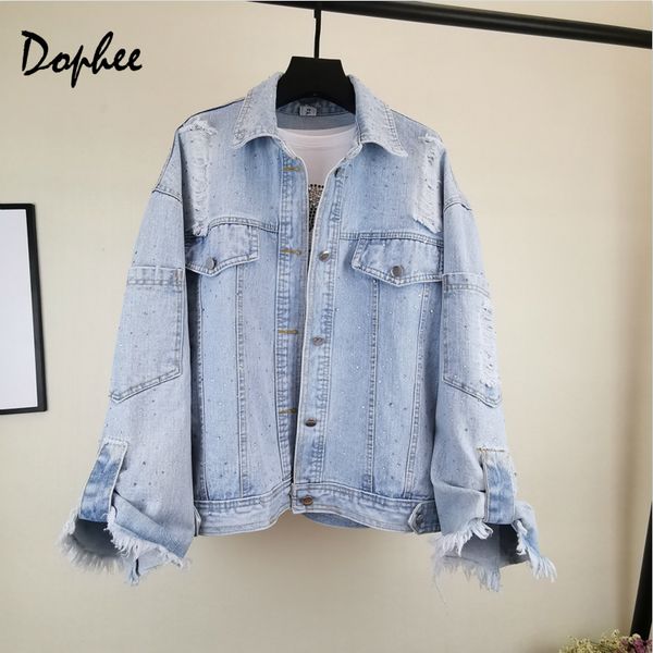 

2019 new streetwear diamonds blue denim jacket women spring autumn three quarter bomber jacket girl loose jean coat, Black;brown