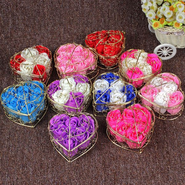 Rose Iron Basket Gift Set - Romantic Soap Flower Arrangement for Valentine's Day, Weddings & Home Decor