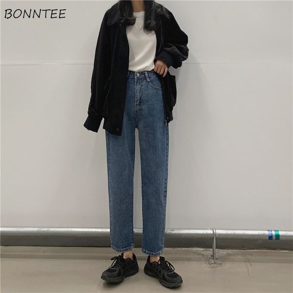 

джинсы женские классические джинсовые твердые простой студент бф корейский стиль ulzzang женщин лодыжки длина брюки all-матч свободного покр, Blue