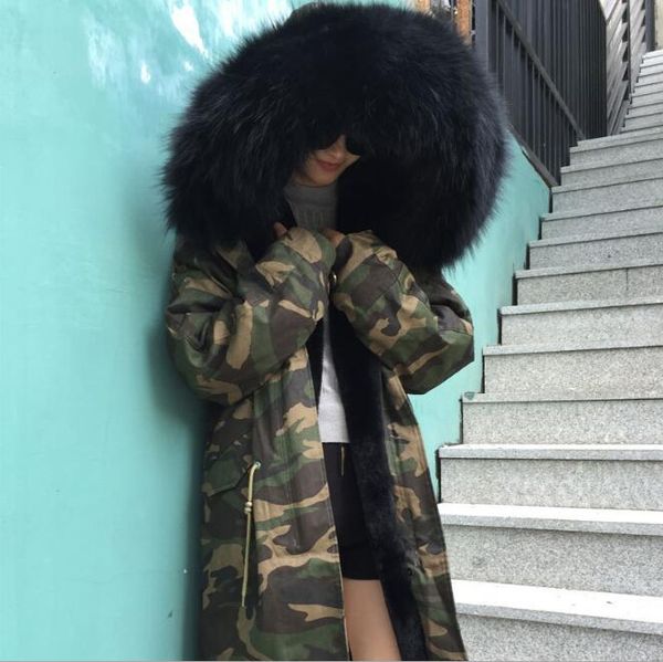 

fashion black raccoon fur trim meifeng brand women snow jacket black rabbit fur lining camouflage shell long parkas