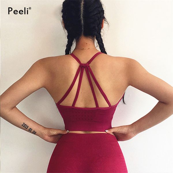 

peeli strappy seamless sports bra high impact push up yoga bras padded gym brassiere running fitness femme workout sport bh, White;black