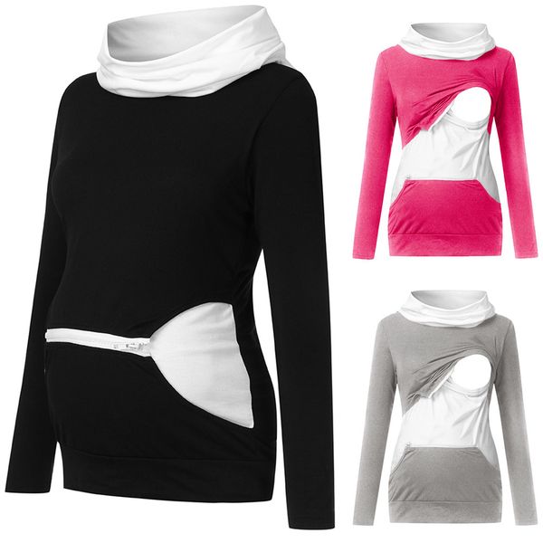 

2020 women mom pregnant maternity clothing long sleeve solid zipper breastfeeding for pregnant nursing sweatshirt with collar, White
