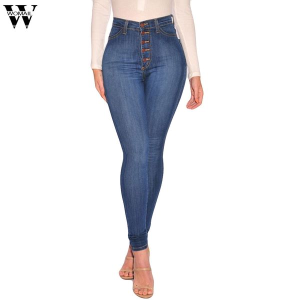 

womail 2019 new arrivals jeans women high waisted pencil pants denim stretch slim female jeans button plus size pants, Blue