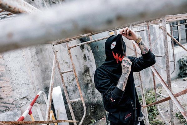 

brand double zipper hoodie high street funny fashion closed creative couple fishbone embroidery hoodie, Black