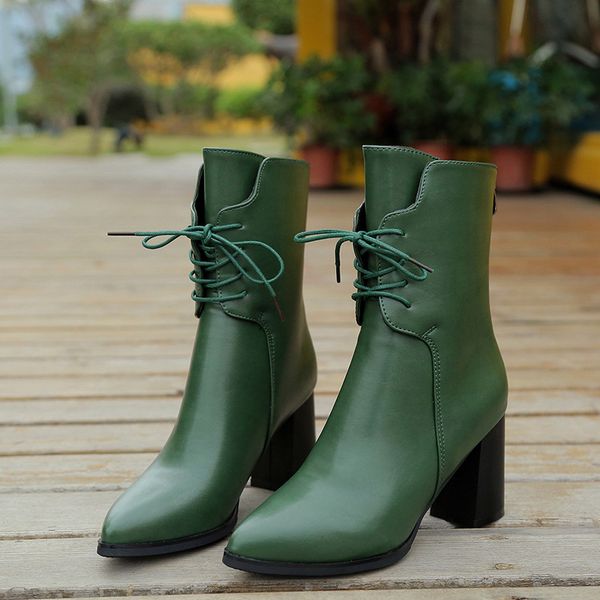 

pointed toe women's boots green plush ankle keep warm winter boots for women autumn high heel metal zipper leather women, Black