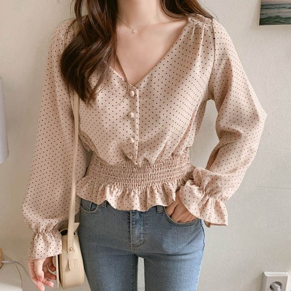 

vintage v-neck flare sleeve polka dot women blouse shirts elegant front buttons slim waist ruffles female blouse blusas 2019, White