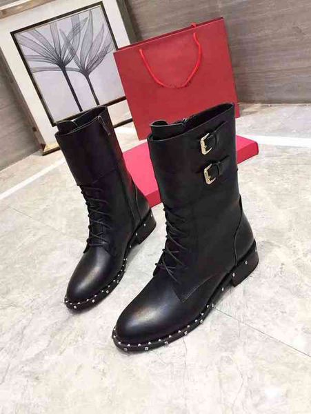

new arrival womens mid-calf rivet real leather knight winter motorcycle lace up square heel boots, Black