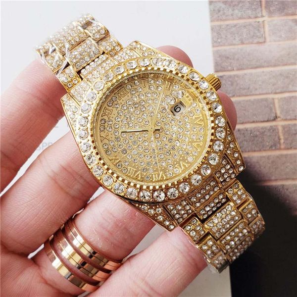 

business mens diamond watches male designer watches round full diamond ring wristwatch roman numeral hour mark iced out watch day date watch, Slivery;brown