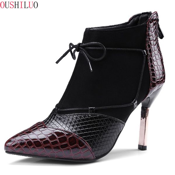 

pointed high heels women boots stitching material boots autumn winter women fashion ankle plus size 34 -43, Black