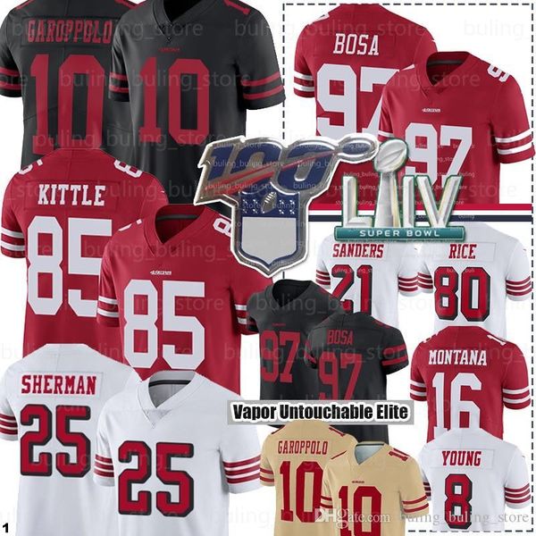 

san francisco 49ers 97 nick bosa jerseys 85 george kittle 10 jimmy garoppolo 16 joe montana 25 richard sherman jerry rice steve young, Black;red