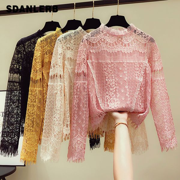 

lace shirt long-sleeved blouse women 2019 autumn/winter new women's hollow lace shirt girls ladies blusa all-match, White