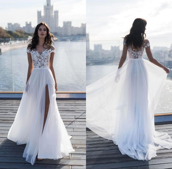 

off shoulder a line chiffon wedding dresses front split appliques sheer neck bridal gown robe de mariee bc1924, White