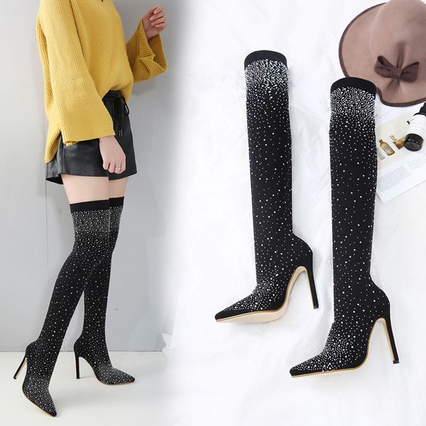 

women's boots shoes autumn winter 8 cm high-heeled knee stretch boot elastic pointed stiletto crystal stretch pointy black adult