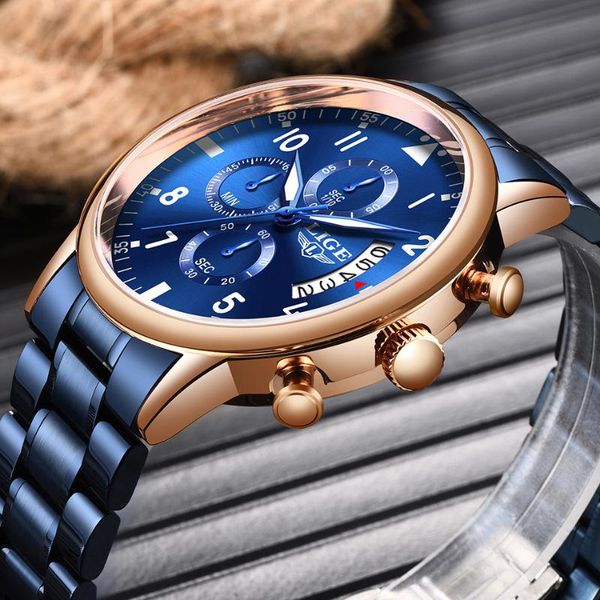 

2020 lige new fashion mens watches blue stainless steel sports chronograph quartz watch men relogio masculino, Slivery;brown