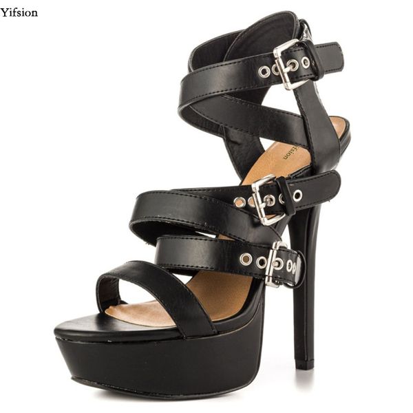

rontic новые женские сандалии на платформе сексуальная пряжка ремень высокие каблуки сандалии хороший открытый носок черная повседневная обу, Black