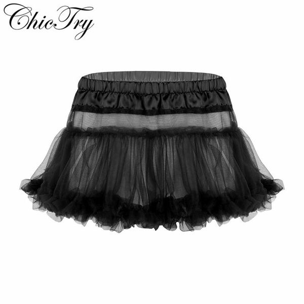 

mens sissy skirt satin elastic waistband frilly ruffled soft tulle layered skirt short mini tutu exotic, Black