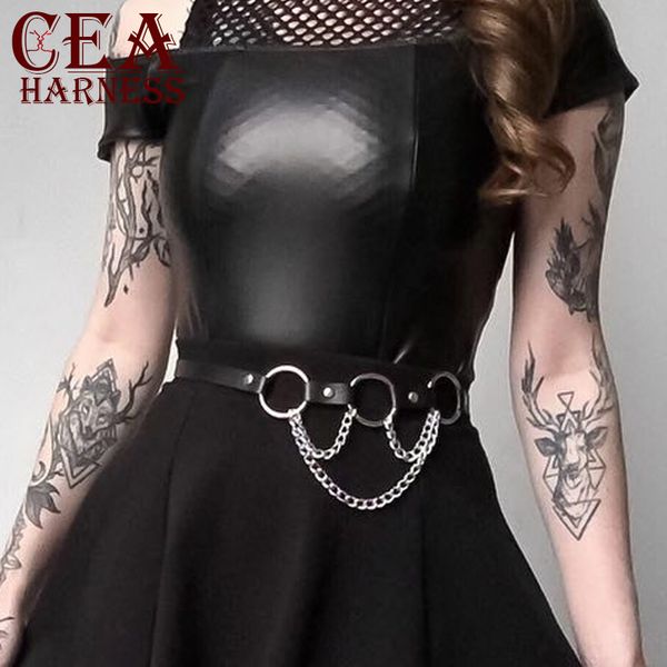 

cea.harness 2019 cool tide gothic garter belt punk rock two metal circle ring chain women designer waist belts prom dress garter, Black;white