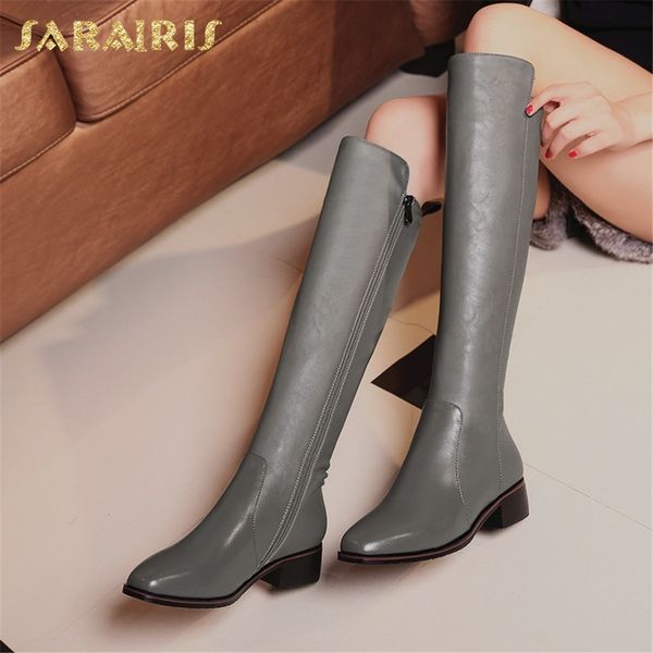 

sarairis 2018 large size 33-42 genuine leather square heels cow leather boots woman shoes zip up knee high boots shoes woman, Black