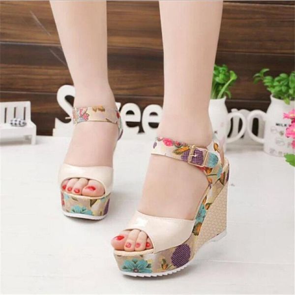 

women shoes fashion summer women printed slope sandals summer wedges platform toe high-heeled shoes for ladies, Black