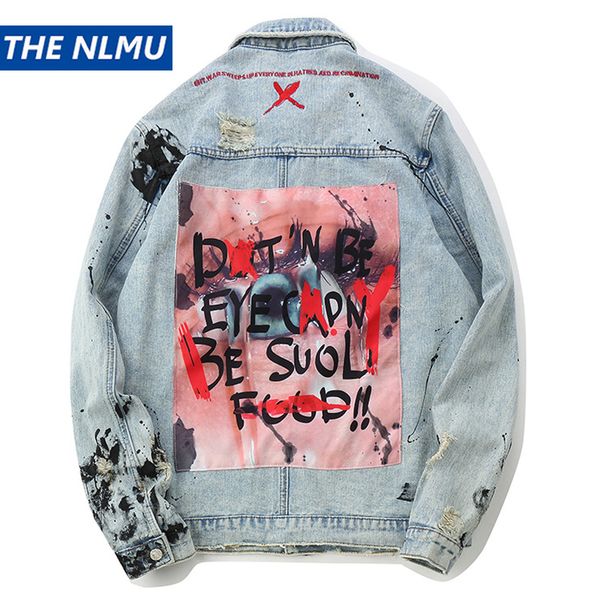 

denim jacket men hole distressed jeans coat hip hop print jacket streetwear 2019 spring autumn for male ha040, Black;brown