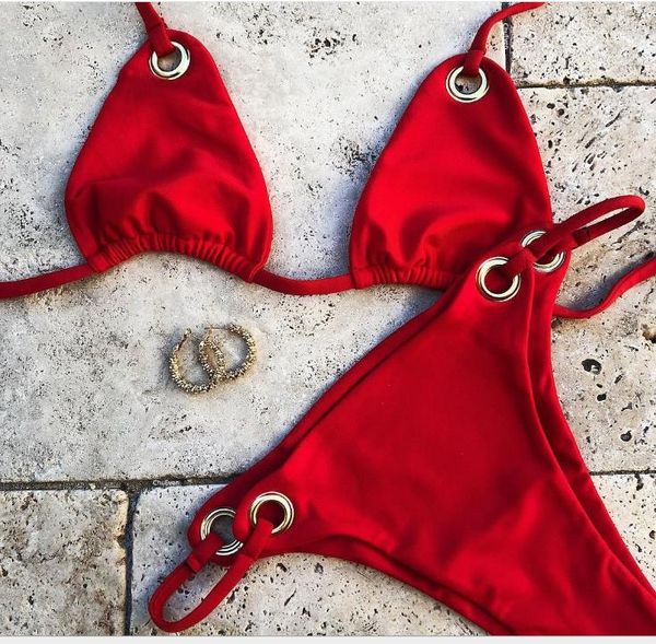 

european and american bikini swimsuit ladies metal hollow solid color