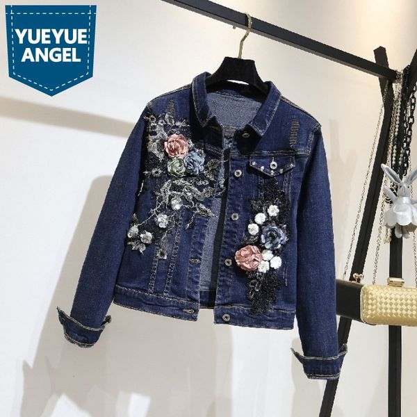 

blue women short basic coat denim jacket women spring autumn slim jeans jacket ladies new embroidered flowers overcoats clothing, Black;brown