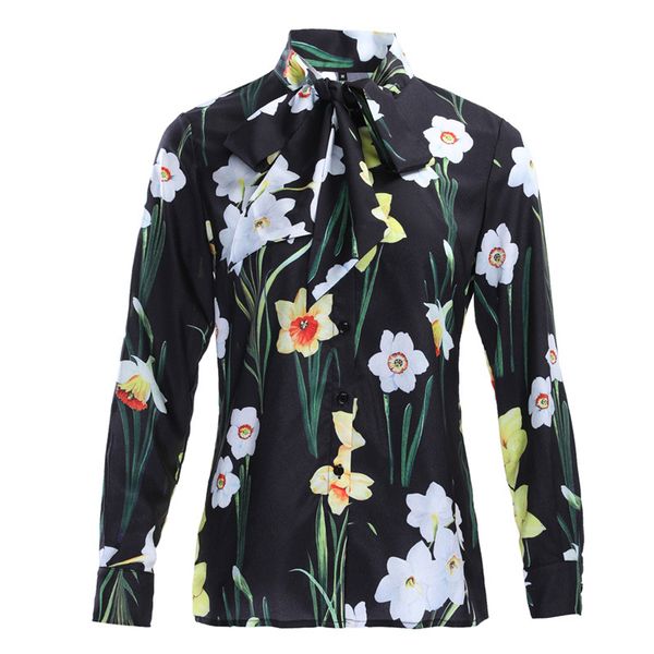 

plus size 2019 fashion women runway floral printing shirt bow collar flower summer slim vintage blouse high quality, White