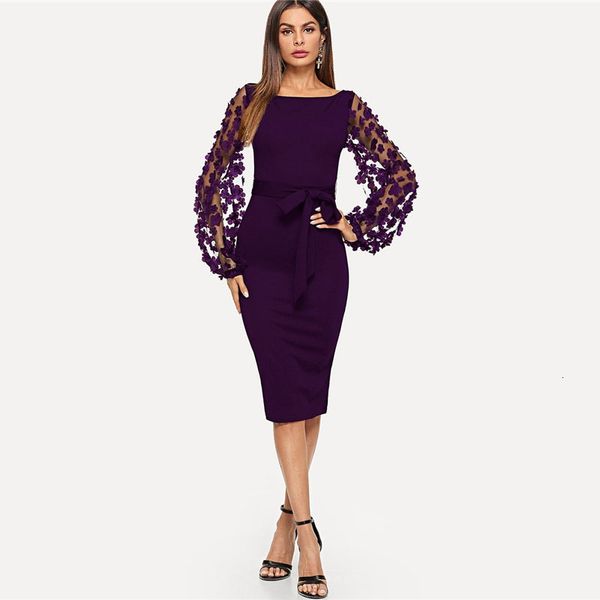 

women clothing woman dresses purple elegant bodycon dresses for woman party dress flower applique mesh sleeve form fitting women midi, Black;gray
