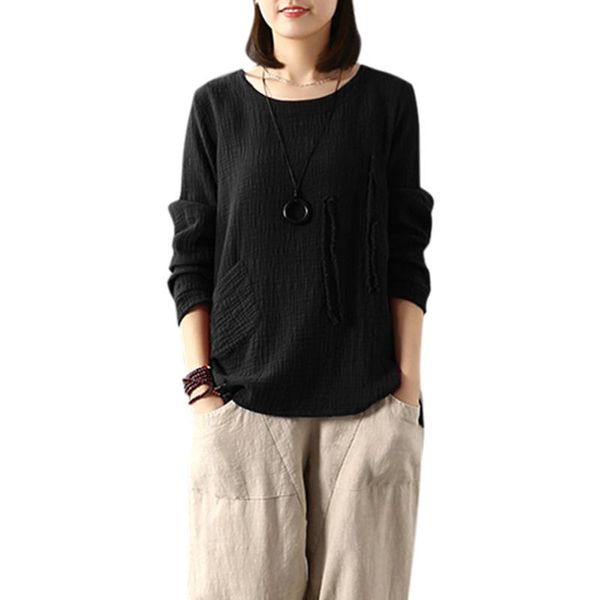 

vintage women cotton blouse o-neck long sleeve autumn 4xl 5xl plus size female solid casual loose oversized roupas feminina, White