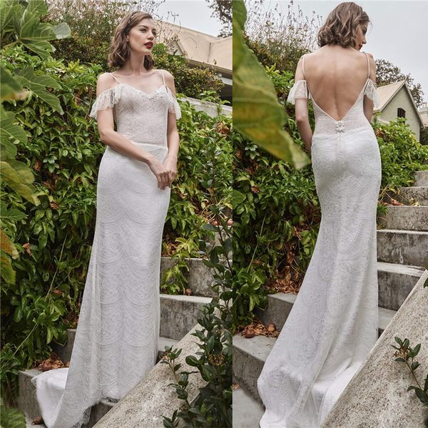

elbeth gillis 2021 wedding dresses spaghetti straps lace mermaid bridal gowns custom made backless sweep train beach robe de soiree, White