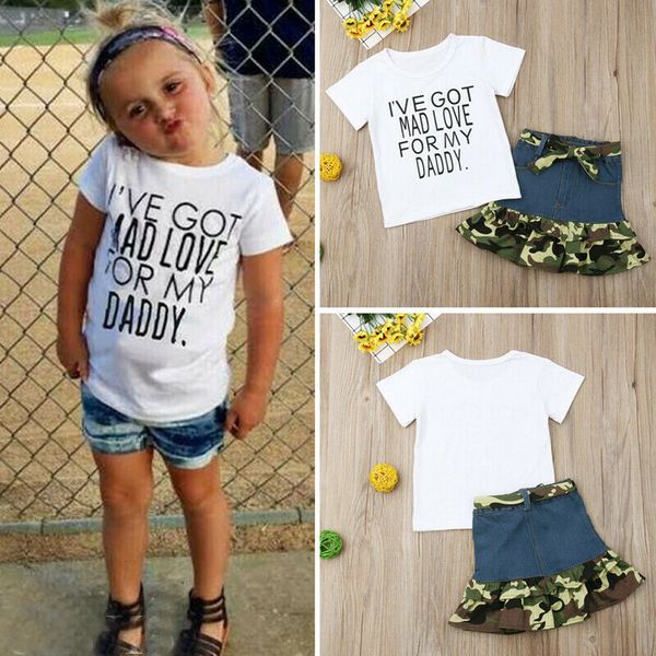 

infant kids baby girl cotton t-shirt camo denim short skirt outfits 2pcs, White