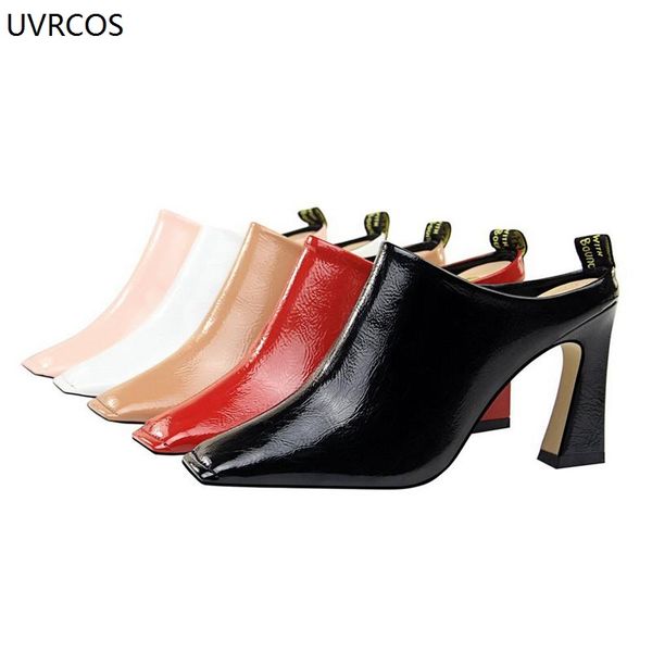 

fashion wear square head high heel half slippers spring and summer new retro thick heel mueller baotou slippers women, Black