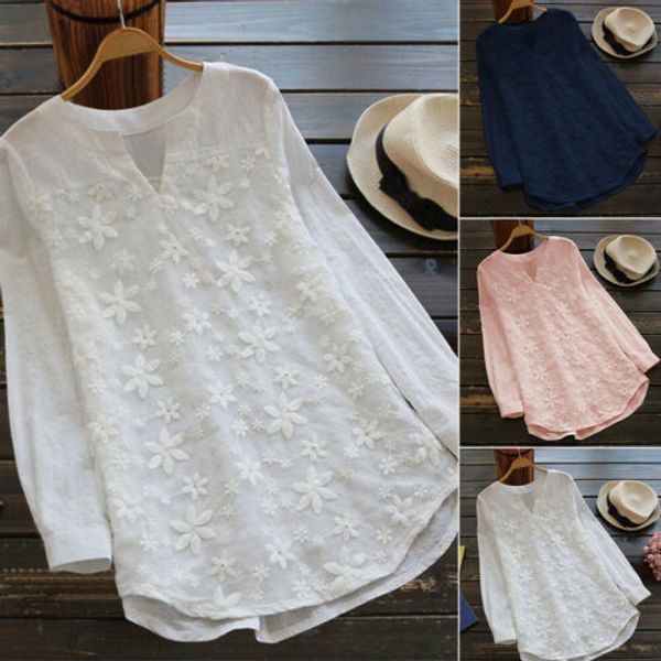 

2019 spring women ladies cotton loose breathable blouse embroidery floral v-neck summer casual long sleeve shirt plus size s-5xl, White