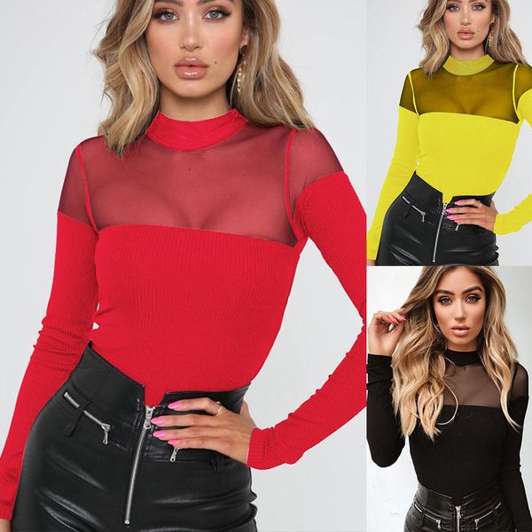 

2019 new style fashion women long sleeve bodysuit rompers solid see through turtleneck playsuit, Black;white