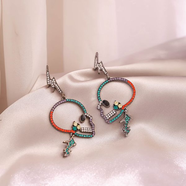 

asymmetrical personality skull earrings female runway designer gradient kawaii korean exquisite statement rhinestone earrings, Golden;silver
