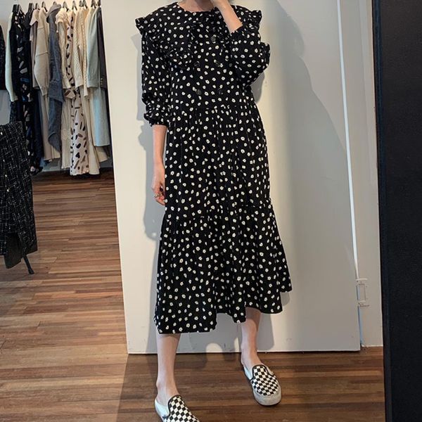 

korean-style women dress spring new 2020 long sleeve ladies dress lapel double-breasted women clothing fashion v861, Black;gray