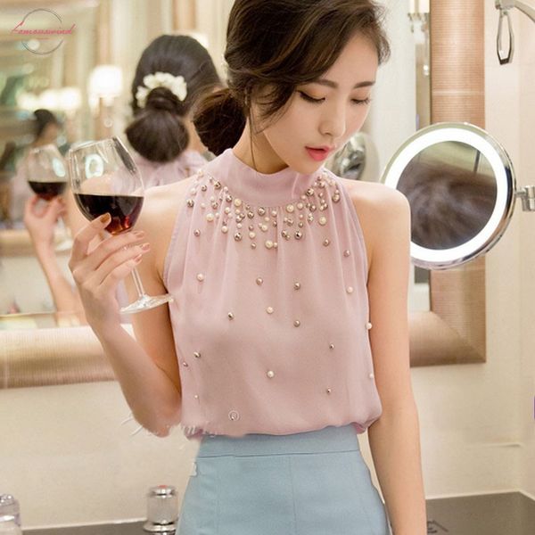 

tank women fashionable chiffon beads shirt feminine beading sleeveless halter dew back drop shipping, White