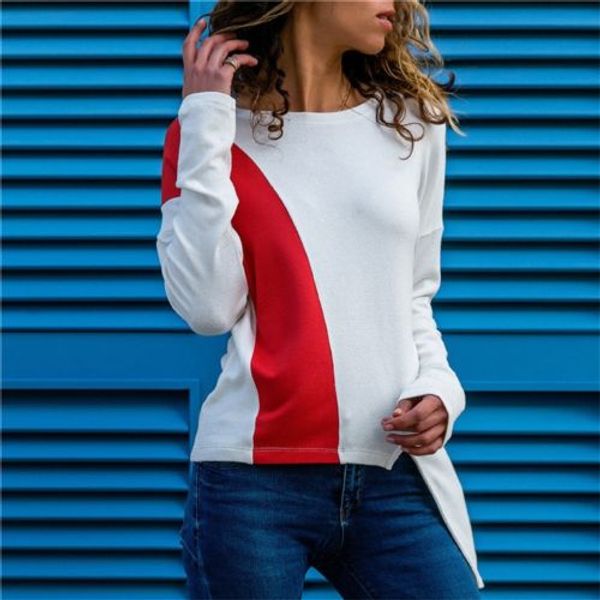 

ladies casual tee shirt women autumn stitching color loose long sleeve o-neck t-shirts, White