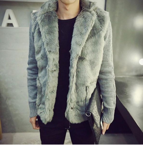 

осень зима поддельный лоскутная вязание mens втулки вскользь пальто мода slim fit толстый теплый меховой воротник мужчина короткие sweaterco, White;black