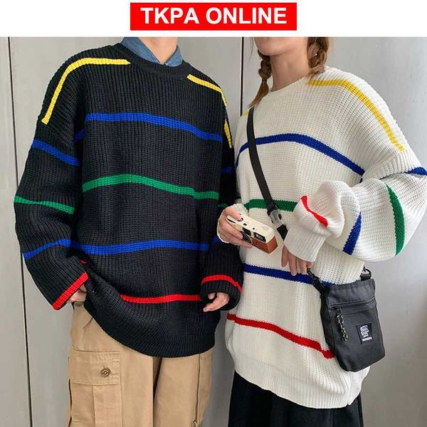 

men japanese streetwear oversized sweater 2020 harajuku mens striped rainbow pullover sweater korean fashions clothing, White;black