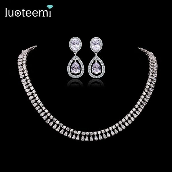 

luoteemi luxury elegant bridal necklace earrings set shining clear cz stone with white gold-color jewelry set for women wedding accessories, Slivery;golden